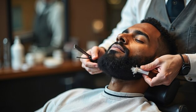 A black man relaxes as a barber shaves his beard in a stylish barbershop. Barber using straight razor for grooming. Male client at salon during facial hair treatment - Powered by Adobe
