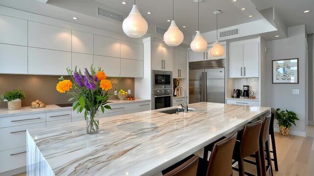 Modern kitchen interior featuring elegant marble island with vibrant floral arrangement, sleek cabinetry, and contemporary lighting, showcasing a seamless transition in design, camera pans across the