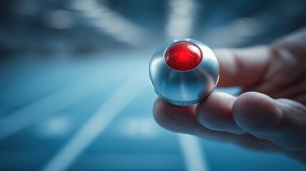 Close up of a metallic button with red light on a hand in a blurred background