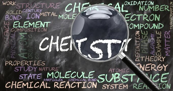 Chemistry being studied, examined - under close inspection. Most important subjects and ideas closely related to chemistry written on a blackboard inspected by a magnifying glass. Can be looped