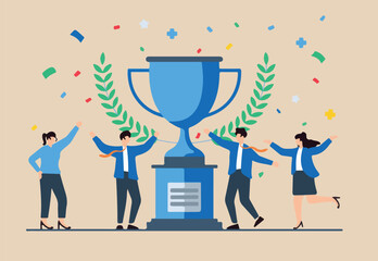 Flat illustration of people celebrating successful project milestone with trophy and confetti