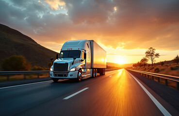 Obraz premium White semi-truck drives on asphalt highway road. Cargo trailer moves fast at golden hour sunset. Mountain landscape, trees line long way. Bright sun light reflects on road, creating strong warm glow