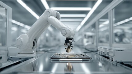 Photorealistic, wide-angle shot of a state-of-the-art smartphone assembly line in a pristine, hyper-clean 'white room' facility.