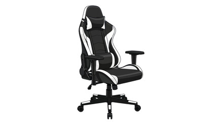 Ergonomic black and white racing style computer gaming chair with adjustable armrests.