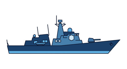 Modern blue naval warship illustration side profile of a military combat vessel with armaments.