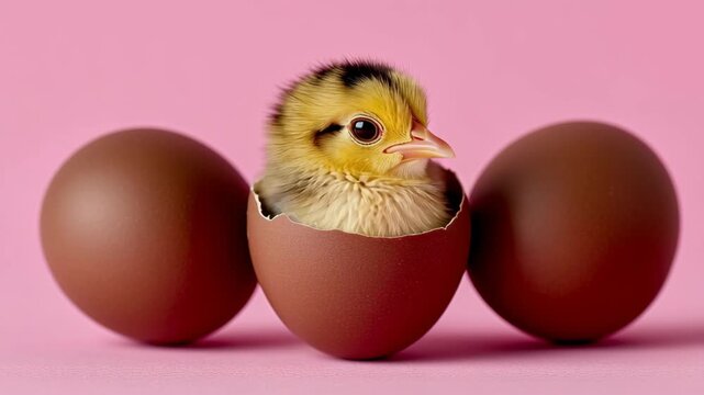 Newly hatched chick emerges from brown eggshell, showcasing the delicate moment of birth, with a soft pink background enhancing the scene, camera gradually zooms in to capture the action