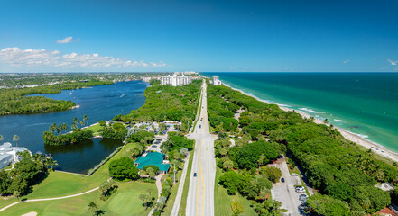 aerial drone view of Boca Raton, Florida with beach and city