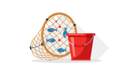 Fishing Net with Fish and a Red Bucket Illustration. © Rizal