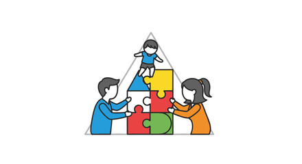 Family building a house with puzzle pieces symbolizing unity and teamwork.