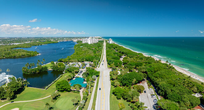 aerial drone view of Boca Raton, Florida with beach and city