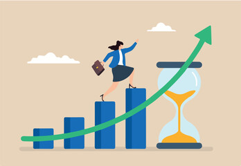 Flat illustration of confident woman walking on growing bar chart with hourglass representing patience time management and steady business progress
