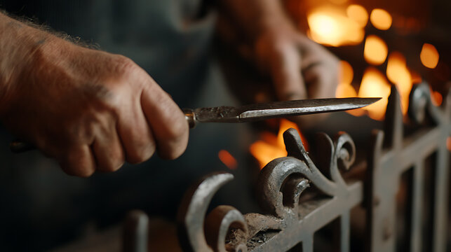 Blacksmith shapes metalwork with fire, sparks, and skilled hands. Crafting intricate designs in a workshop setting, blending artistry and industry. - Powered by Adobe