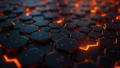 Obraz premium Dark hexagonal grid with glowing orange lines emanates futuristic tech feel. Abstract pattern depth, creating sense of advanced digital space. Seamlessly textured surface suitable for science