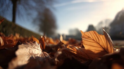 Close up view of autumn leaves on ground under soft sunlight