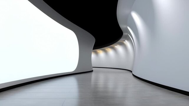 Modern architectural corridor with smooth curves and illuminated walls, showcasing a seamless transition through space, camera follows the path with a smooth dolly movement enhancing the visual flow