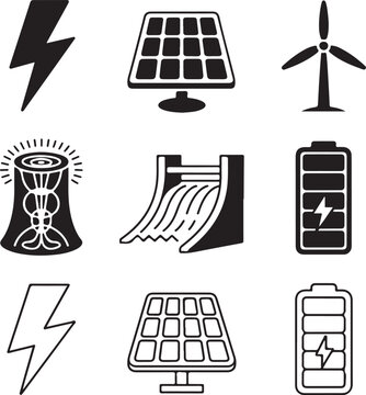 Nine Detailed Energy Icons Arrayed on White Background power icon electricity icon