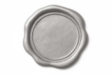 Silver wax seal with blank surface, signifying authenticity, quality, and official approval, on a transparent background