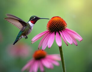Fototapeta premium Ruby throated hummingbird hovers near pink coneflower. Tiny bird drinks nectar from blooming plant. Small wildlife visits garden, seeking sweet fluid from blossom.