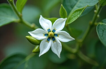 Obraz premium White hot pepper blossom with green buds on branch. Plant develops future piquant pods. Macro photo shows detail of white petals and blue center. Nature growth cycle.