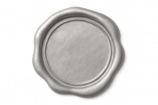 Silver wax seal with blank surface, signifying authenticity, quality, and official approval, on a transparent background