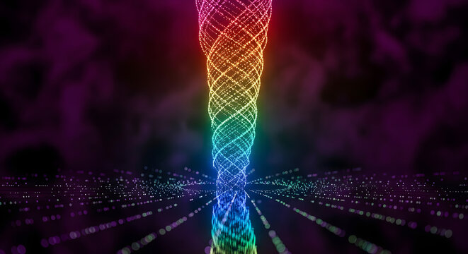 Colorful data stream swirls in a digital vortex with a blurred background.