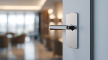 Naklejka premium Modern interior door with metal handle, partially open to a blurred waiting area. Focus on the sleek, simple design and the invitation to enter.