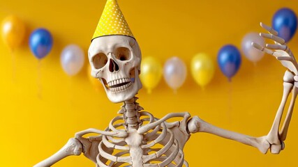Skeleton wearing a festive party hat, joyfully celebrating with raised arms against a vibrant yellow backdrop adorned with colorful balloons, capturing the essence of fun and celebration, camera pans - Powered by Adobe
