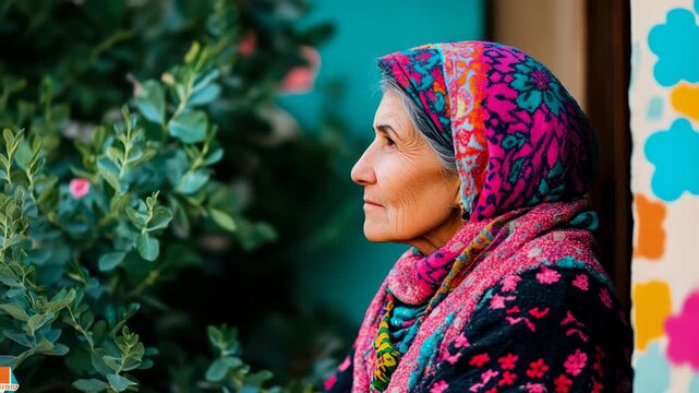 Elderly woman in vibrant headscarf, peacefully gazing amidst rich green plants, reflecting lifetime of wisdom and cultural beauty