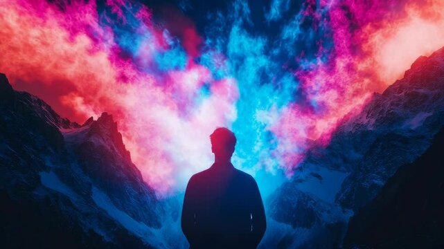 A lone figure contemplates otherworldly sky ablaze with vibrant neon clouds above majestic, snow-capped peaks