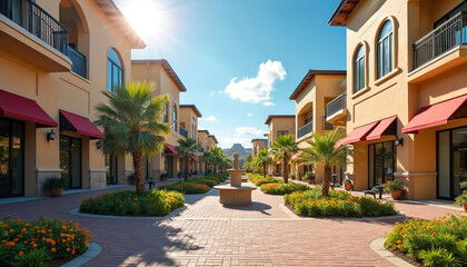 Fototapeta premium Sunny courtyard with shops, palm trees, flowers, and fountain. Paved walkways lead between Tuscan-style buildings with red awnings, offering a pleasant retail experience.