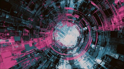 Abstract digital tunnel with glowing pink and blue lines. Cyberpunk data flow concept for modern technology and futuristic design.