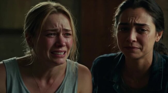 Two young women crying, expressing sadness. Feelings and emotions. State of mind.