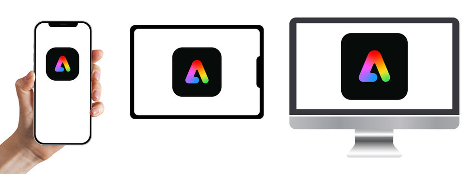 Logo for online design app on various devices. Adobe express icon on transparent or white background. Horizontal graphic resources for promotions.