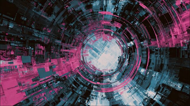 Abstract digital tunnel with glowing pink and blue lines. Cyberpunk data flow concept for modern technology and futuristic design. - Powered by Adobe