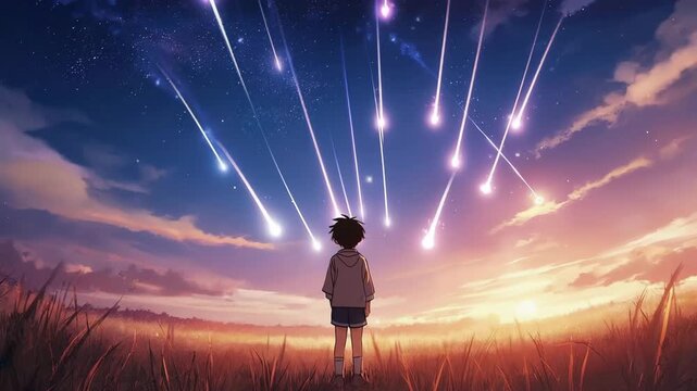 Young person watches meteor shower over grassy field at sunset anime style child 4K Ai HD video.	
