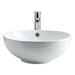 Close-up of a white, bowl-shaped ceramic sink with a chrome faucet against a black background