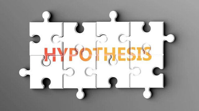 Hypothesis being a complex topic - puzzle pieces with word hypothesis coming together to make a whole. Hypothesis made of many fitting parts, a compound subject.