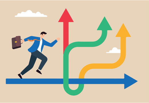 Flat illustration of businessman runs towards different arrow pathways making career decisions for future growth and success