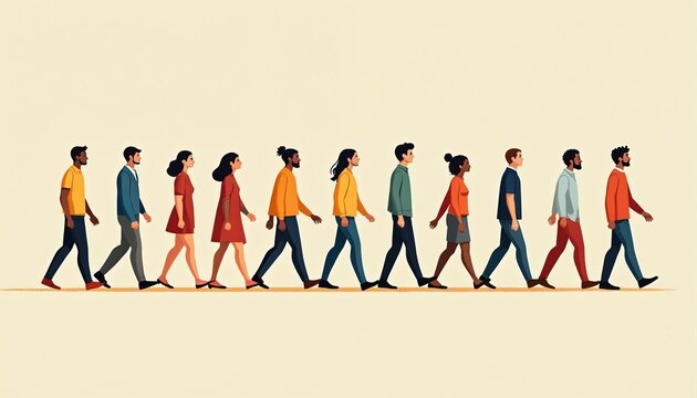 Diverse group of people walking in line. Multicultural individuals of different ages, styles move together in harmony. Simple illustration represents unity, togetherness in modern urban setting.