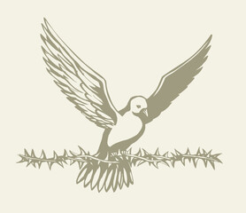 Vector drawing. Dove with thorn in the sky