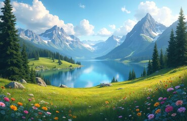 Idyllic landscape photo featuring majestic mountains serene lake, lush green fields. Colorful wildflowers dot foreground adding beauty. Picture perfect scenery perfect for travel adventures vacations.