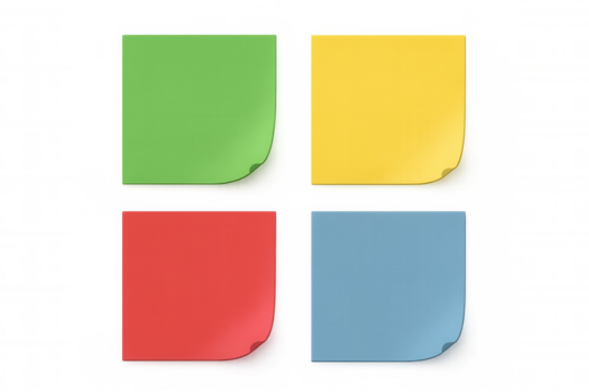 Colorful sticky notes arranging, blank adhesive paper for memo, reminder, or office message with transparent background