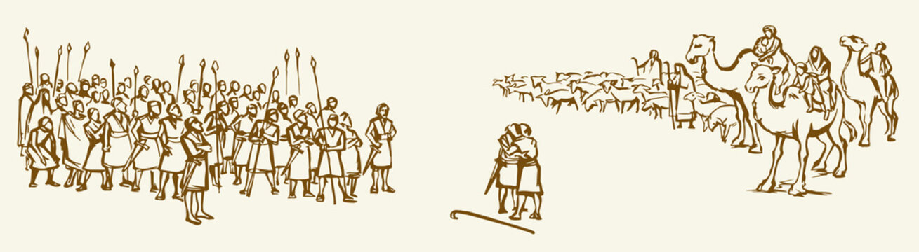 Vector drawing. Meeting of two tribes