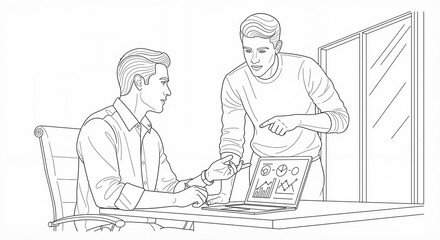 Two men collaborating on business strategy in modern office setting  