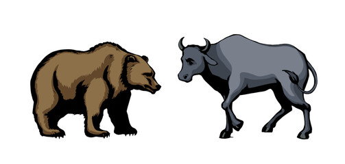 Vector drawing. Big cow and bear