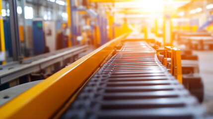 Fototapeta premium Automated Conveyor System: An industrial conveyor belt transports materials in a modern factory. Seamless production. Streamlined workflows.