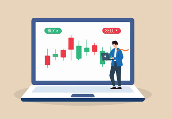 Flat illustration of businessman investor trading cryptocurrency on stock exchange with buy and sell button on laptop screen investing technical analysis