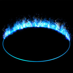Fire frame in the shape of oval ring, vector blue light round fiery frame, burning clipping mask round border