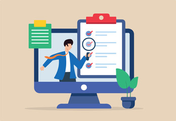 Flat illustration of executive examine business checklist in video call with magnifying glass on computer screen