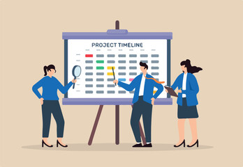 Vector illustration of colleagues analyzing project timeline on whiteboard deadline tracking and task prioritization